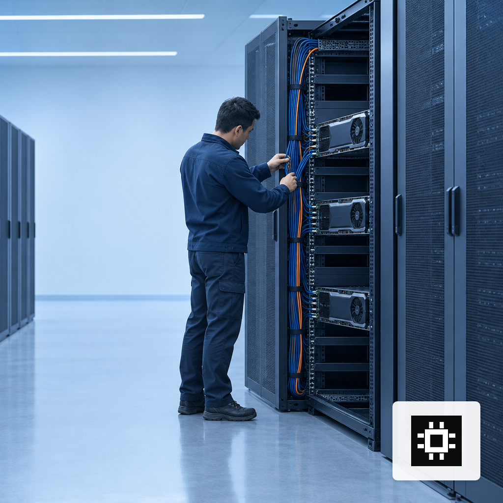 Technician inspecting cabling behind a GPU server rack