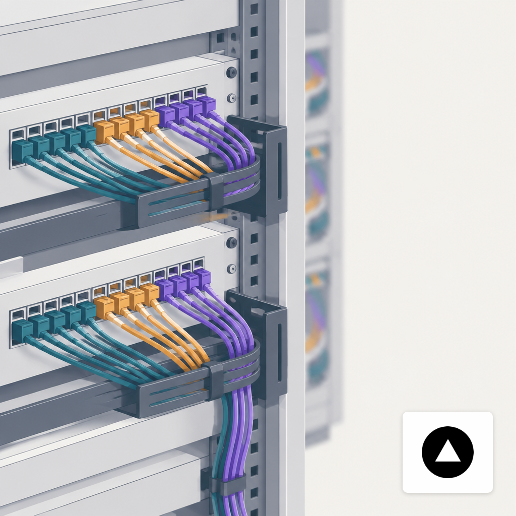 Fiber patch cables routed through a labeled server rack panel