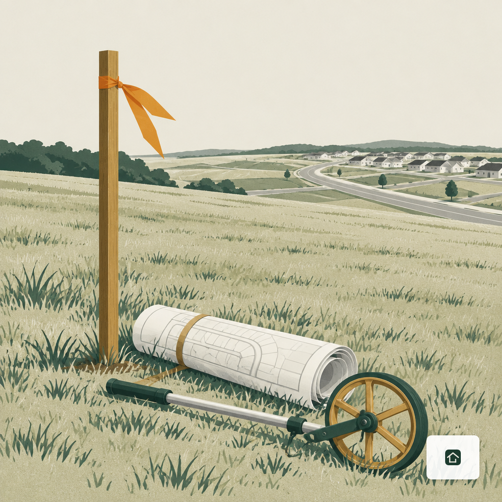 A survey stake and site plans laid on raw grassy land at the edge of a Centerton subdivision.