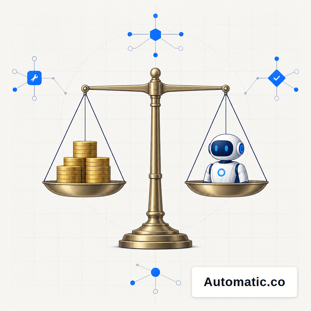 A brass balance scale weighing a stack of gold coins against a small polished robot, with both pans nearly level.