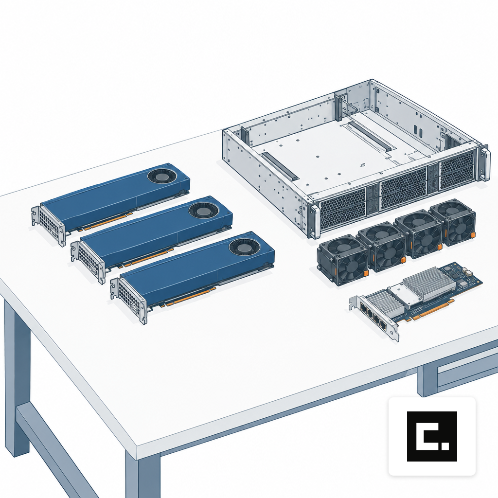 A GPU server tray disassembled on a workbench with accelerators separated from the chassis and networking components.