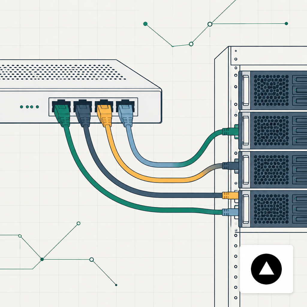 Four differently colored cables plugged into a network switch feeding a server rack