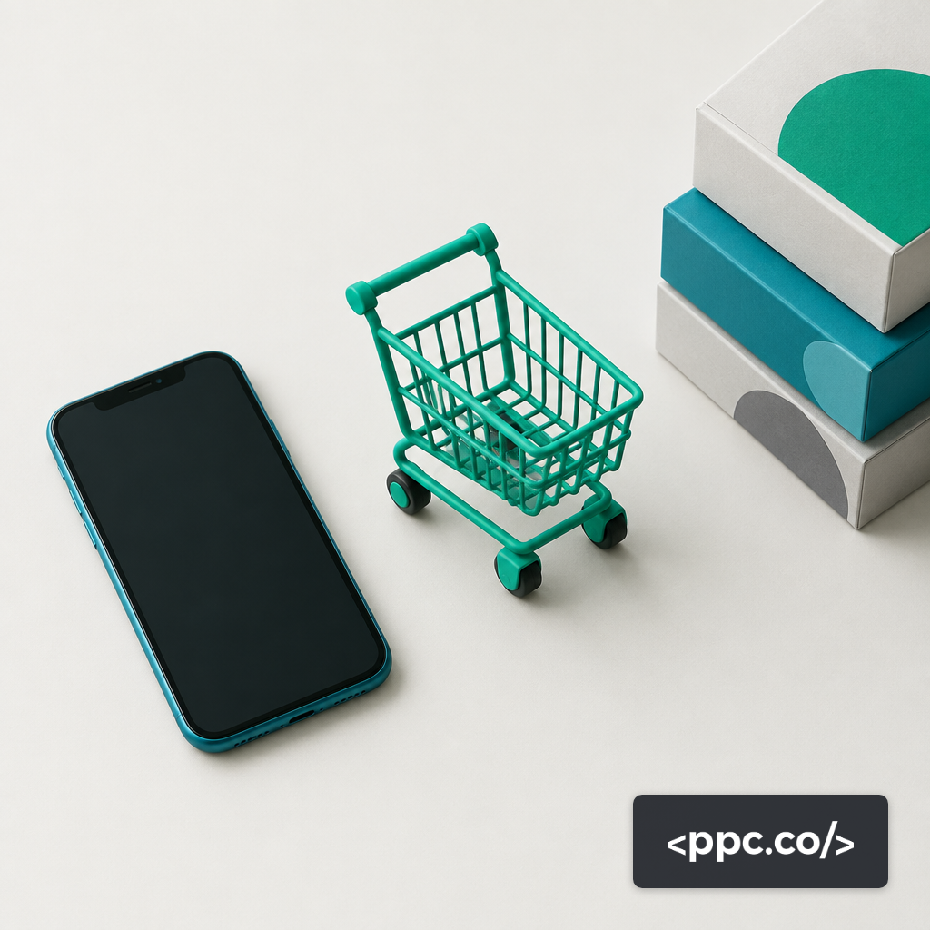 A physical shopping cart figurine on a desk beside a phone and product boxes, representing in-chat ecommerce checkout