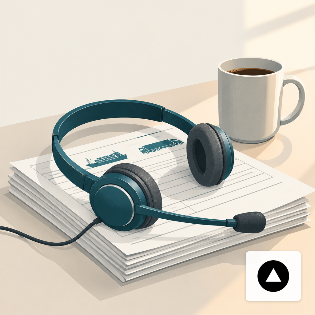 A used headset resting on a stack of paper bills of lading next to a coffee mug under warm desk light.
