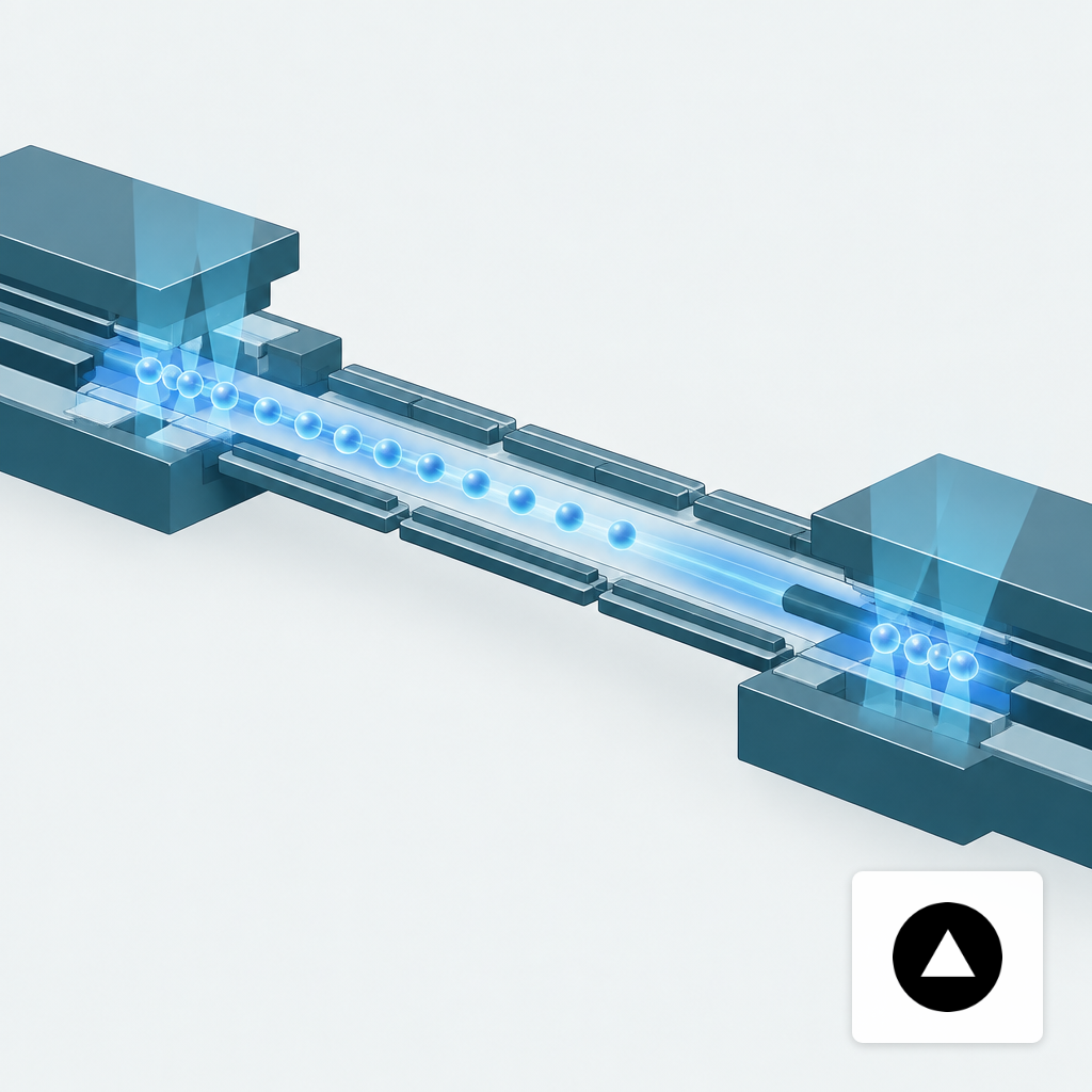 Conceptual view of trapped ions moving between gate zones in a quantum charge-coupled device architecture.