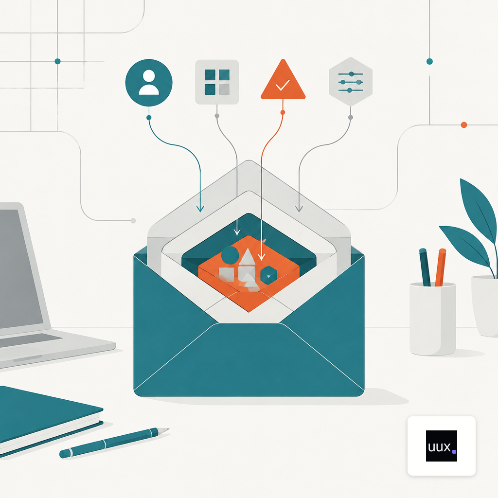 Nested envelopes holding small objects, representing the layered structure of a well-built prompt