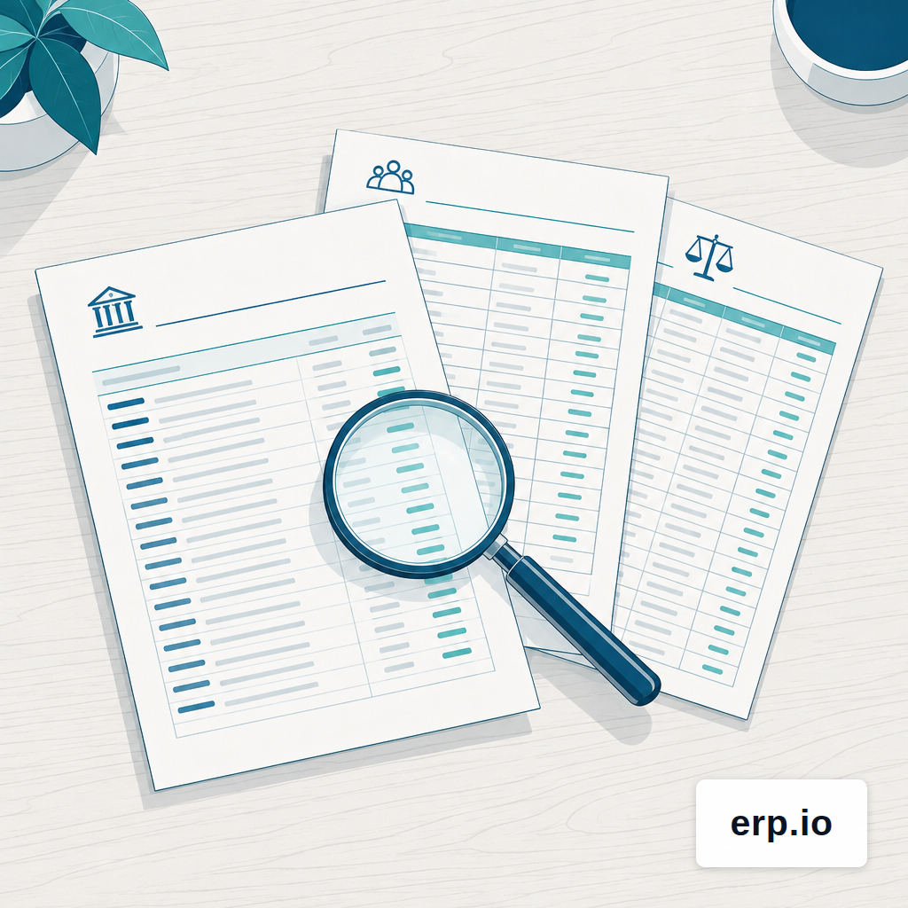 Bank statement, trust ledger and matter ledger arranged on a desk with a magnifying glass on top.