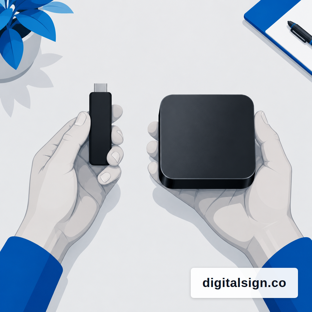 A small HDMI stick held beside a larger metal media player appliance for size comparison