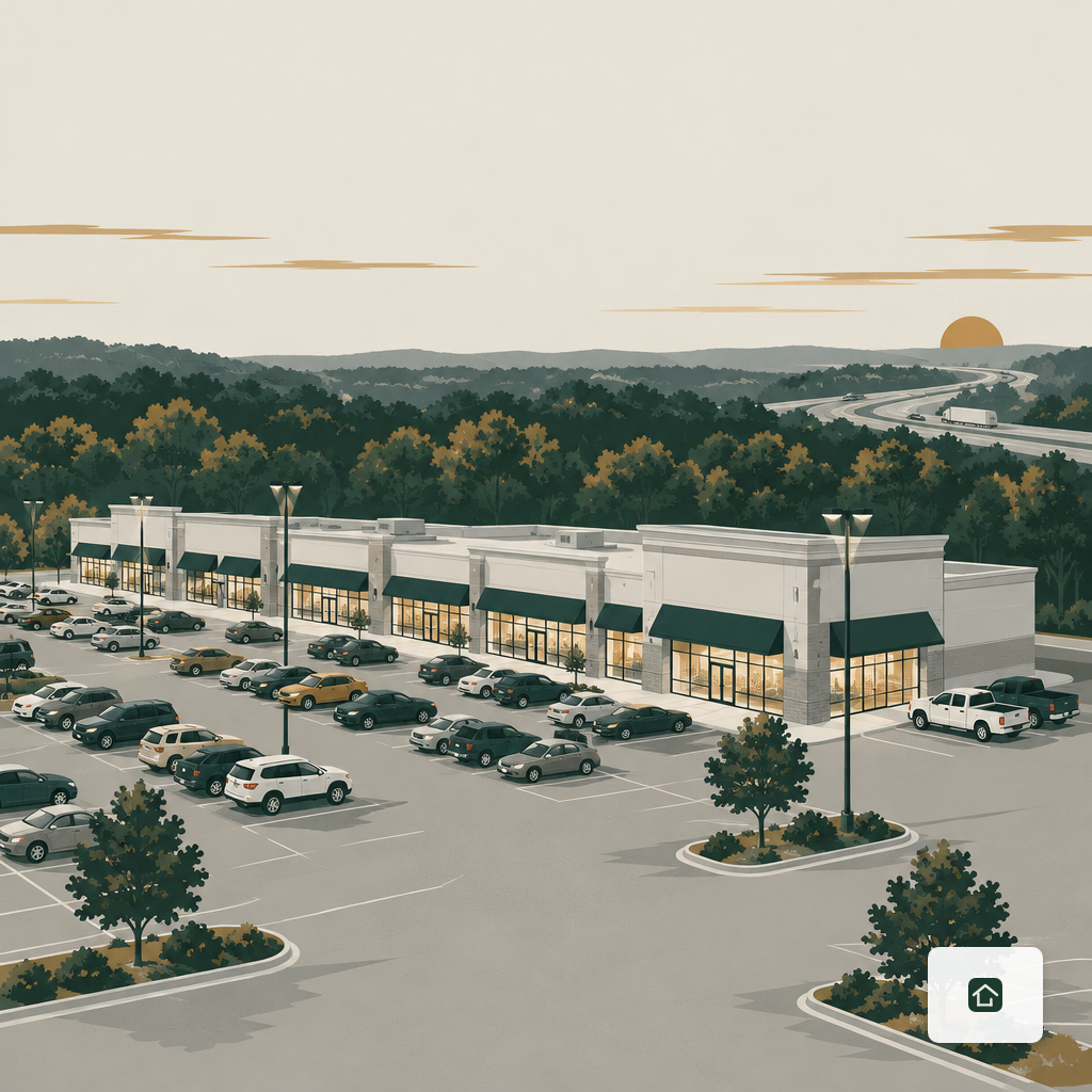A multi-tenant Northwest Arkansas retail strip center at dusk with a full parking lot.