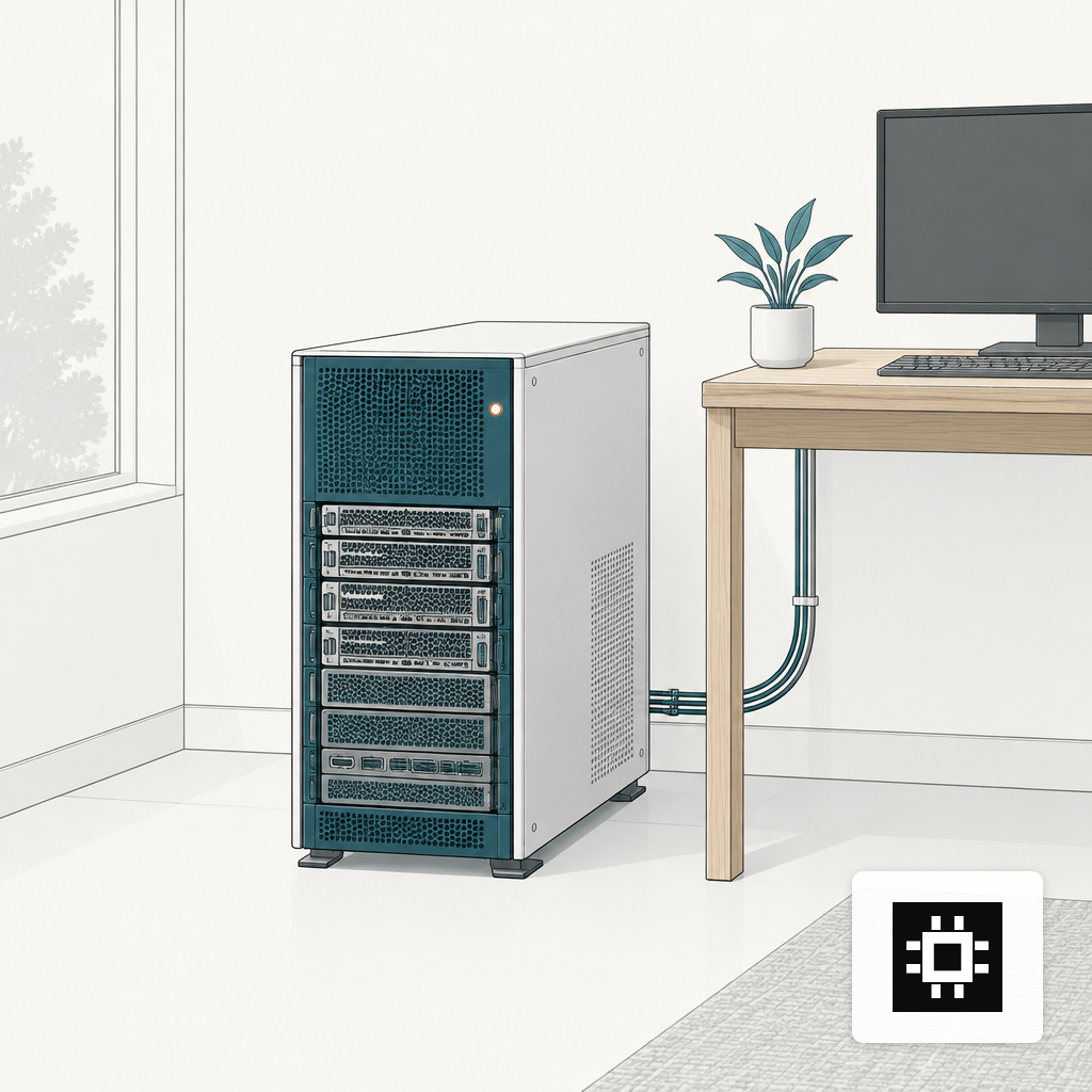 Compact AI workstation beside an office desk