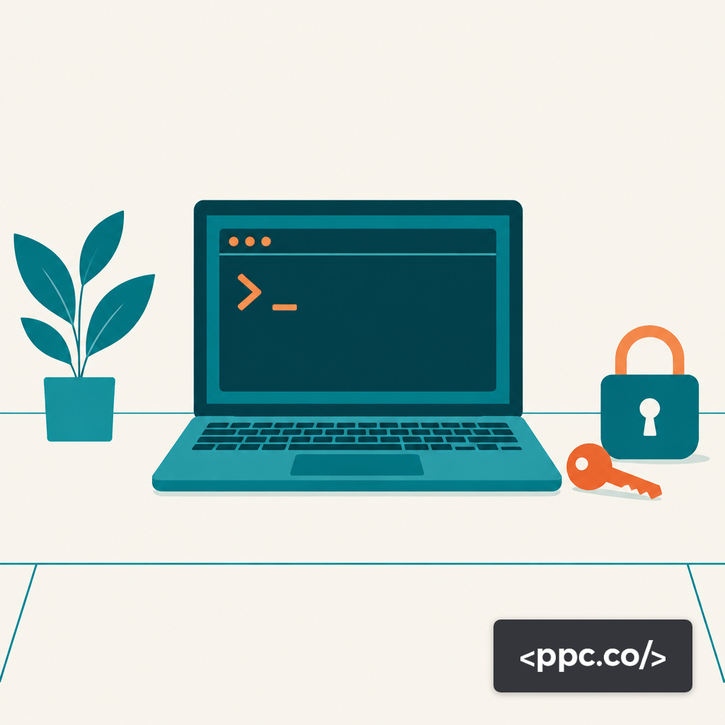 Laptop with a terminal window, a key, and a lock icon representing OAuth and developer token credentials for the Google Ads MCP server.