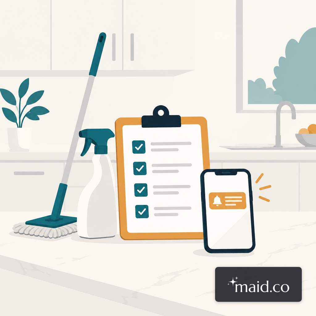 Clipboard, mop and phone with a notification sitting on a residential kitchen counter