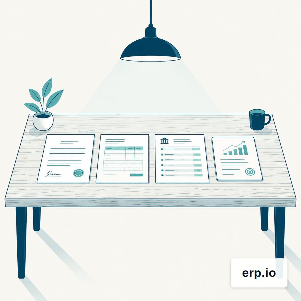Contract, invoice, bank statement and opportunity card arranged together on one desk under a single lamp