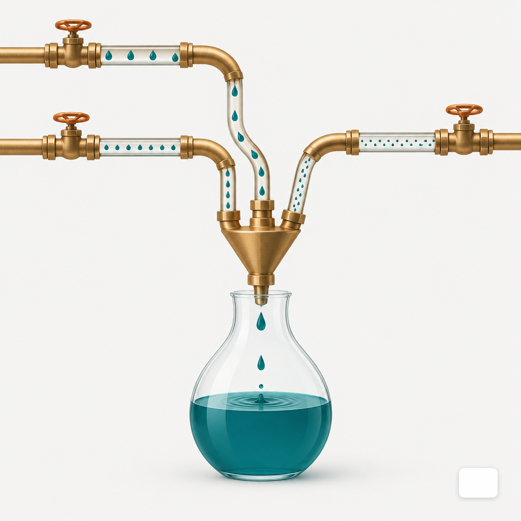 Brass pipes of different widths funneling liquid into a single glass vessel at different speeds