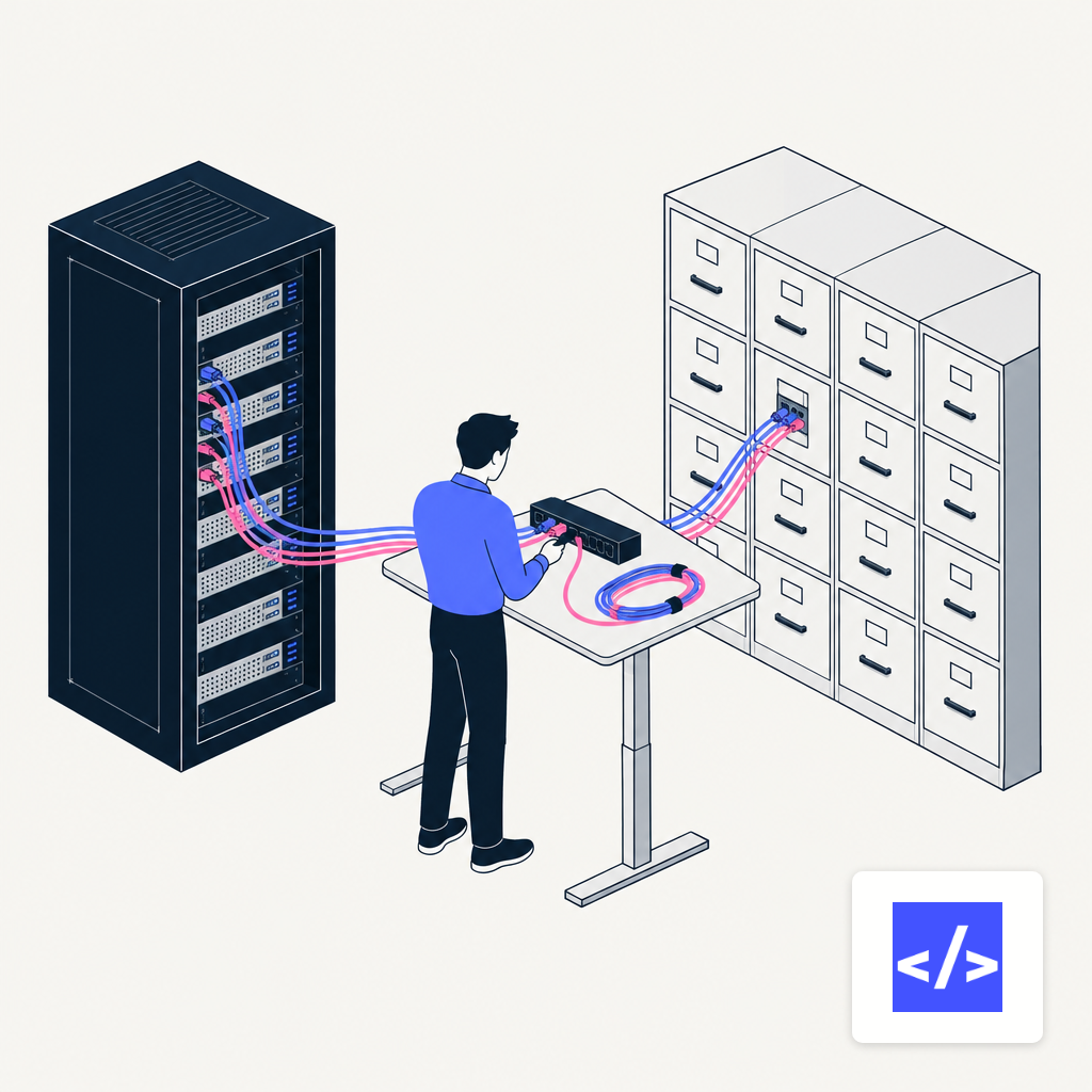 Engineer wiring a GPU rack into existing enterprise infrastructure cabinets