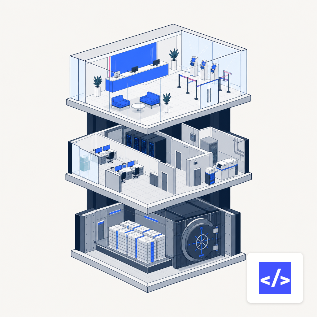 Cross-section of a banking system drawn as stacked floors of a building