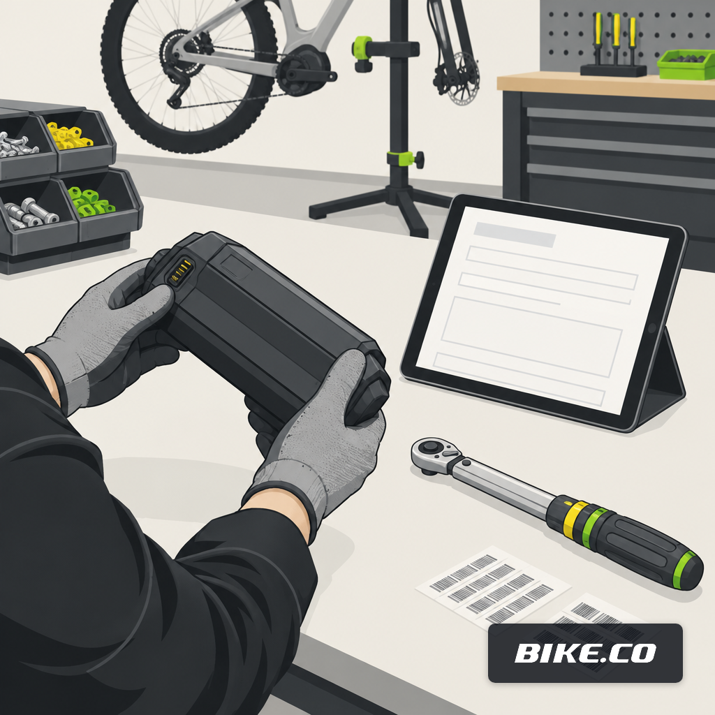 Mechanic holding an e-bike battery next to a tablet and workshop tools.