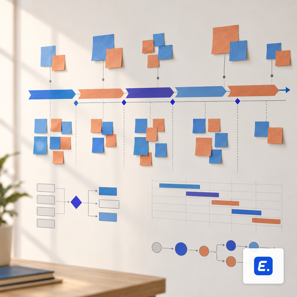 A planning board of overlapping sticky notes and arrows representing a CRM project timeline stretching across months.