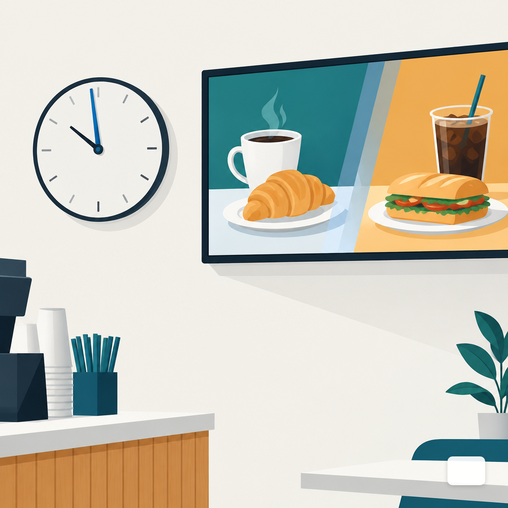 A cafe wall clock next to a digital menu board at a daypart transition moment.