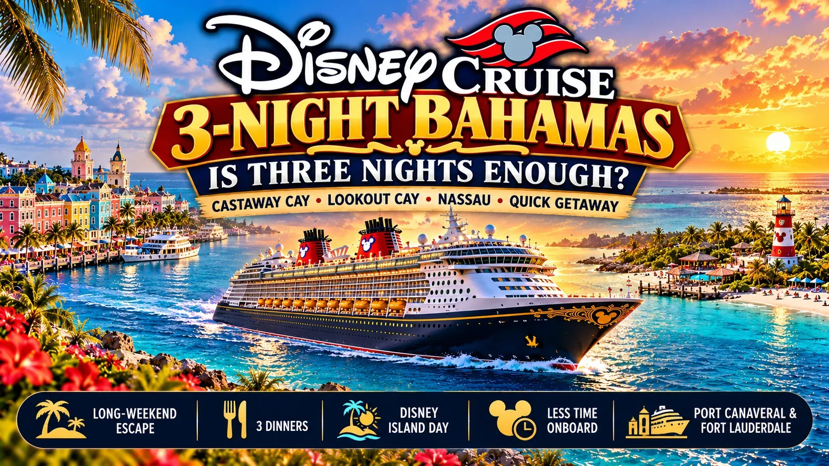3-night Bahamas Disney Cruise guide featuring Nassau, Castaway Cay, Lookout Cay and a quick Disney cruise getaway