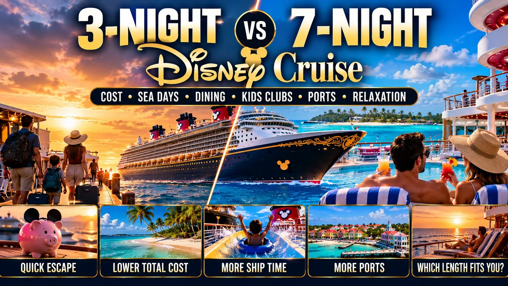 3-night vs 7-night Disney cruise comparison showing a quick getaway versus a longer vacation with more ship time, ports and relaxation
