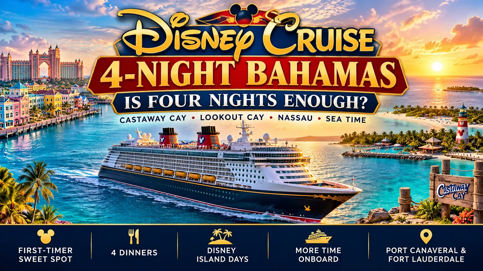 Illustrated 4-Night Bahamas Disney Cruise cover asking Is Four Nights Enough?, showing a Disney ship near Nassau and Castaway Cay.