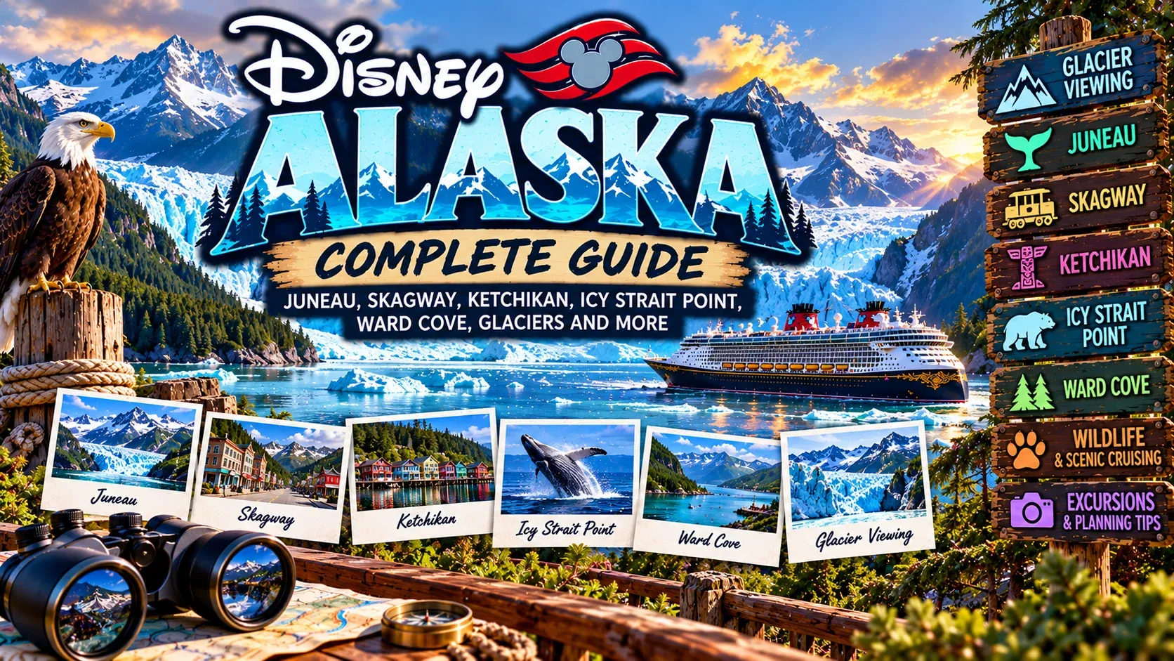 Illustrated Disney Alaska Ports Complete Guide cover showing a Disney ship among glaciers and snowy mountains.