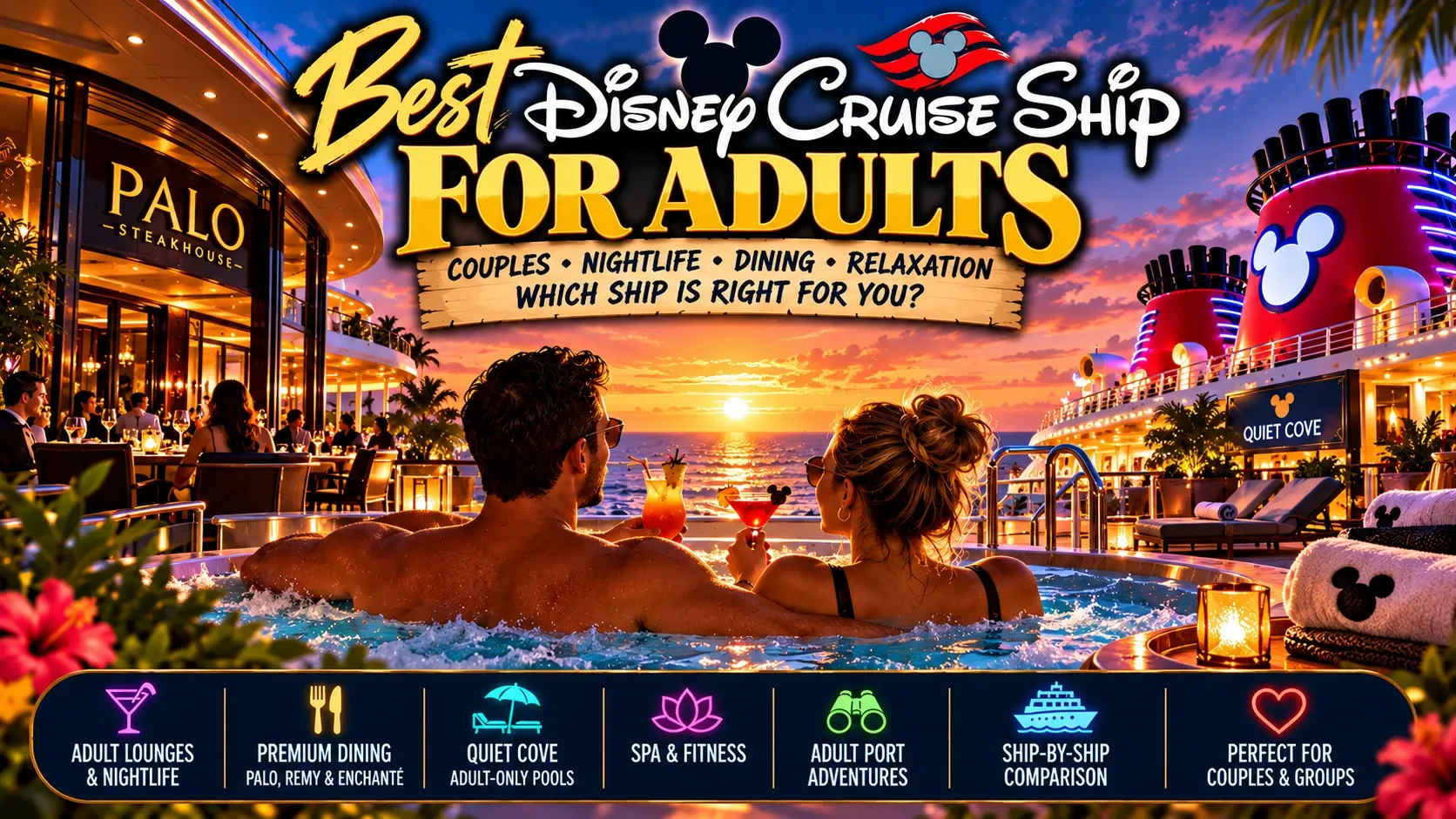 Illustrated cover reading Best Disney Cruise Ship for Adults, showing a couple toasting in a hot tub at sunset beside Palo Steakhouse and Quiet Cove.