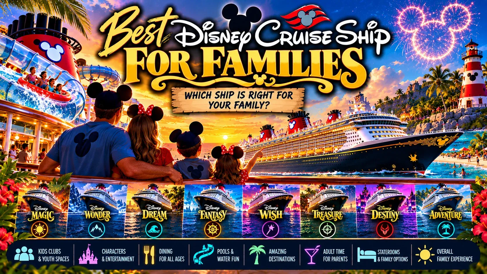 Illustrated cover reading Best Disney Cruise Ship for Families, with a Disney ship at sea.