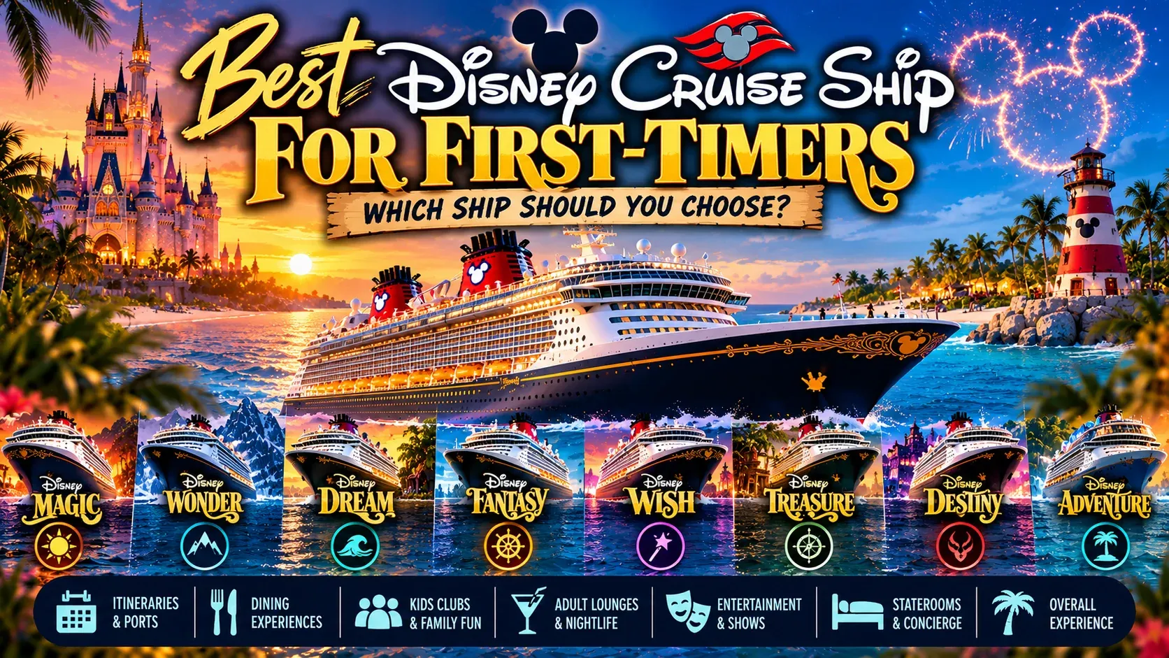 Illustrated cover reading Best Disney Cruise Ship for First-Timers, with a Disney ship at sea.
