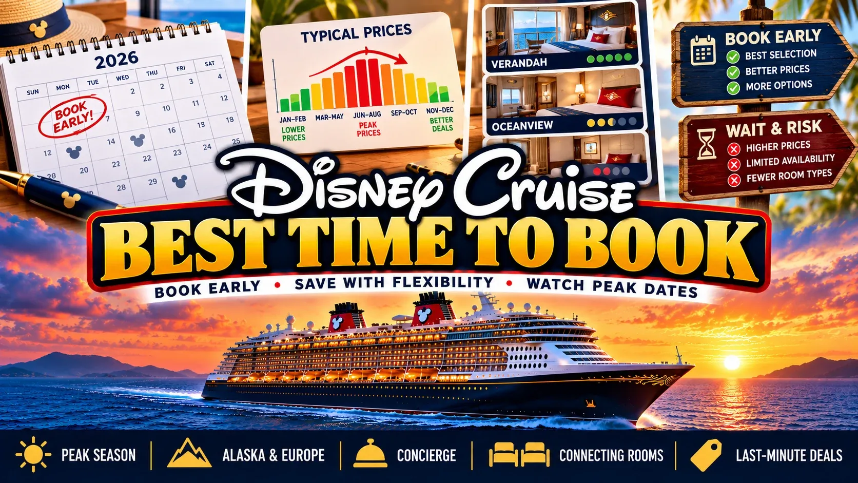 Best time to book a Disney cruise guide covering peak season, Alaska and Europe, Concierge, connecting rooms and last-minute deals