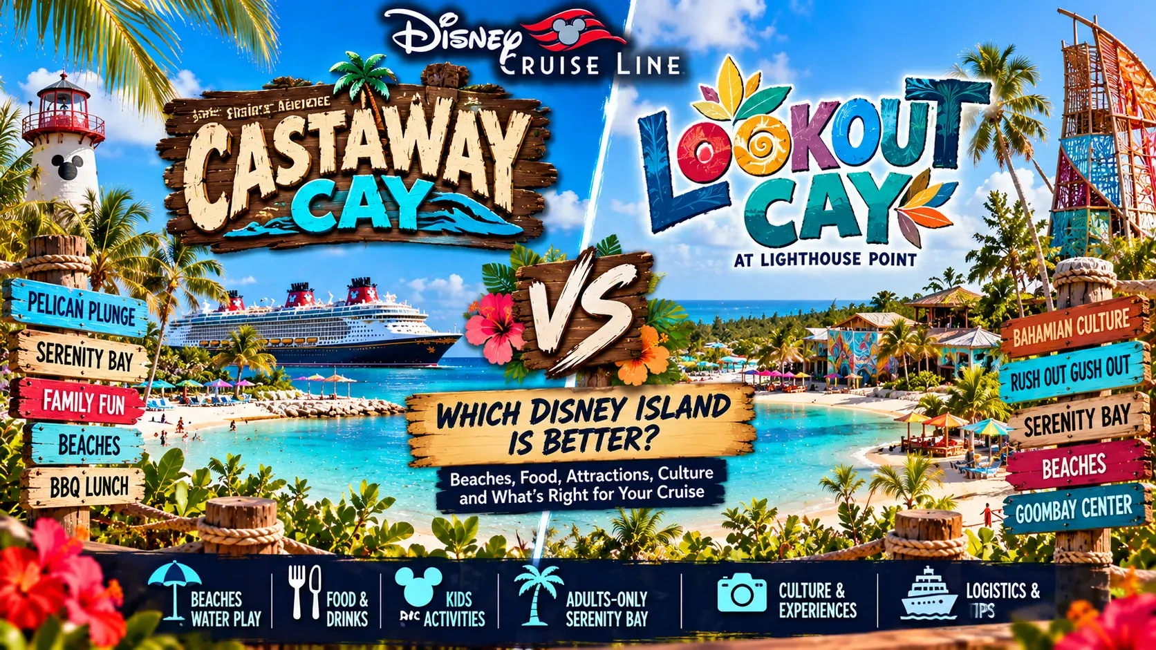 Illustrated split comparison cover of Castaway Cay versus Lookout Cay asking which Disney island is better.