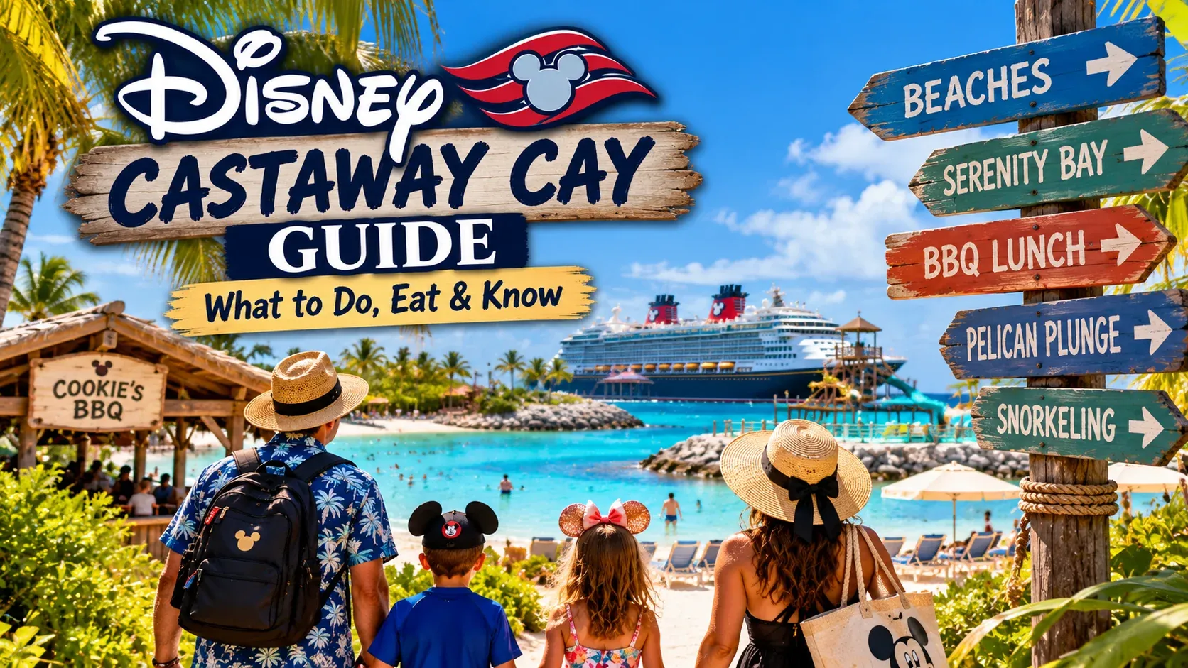 Illustrated Castaway Cay guide cover showing a family on a sandy path with signs to the beaches, Serenity Bay and BBQ lunch.