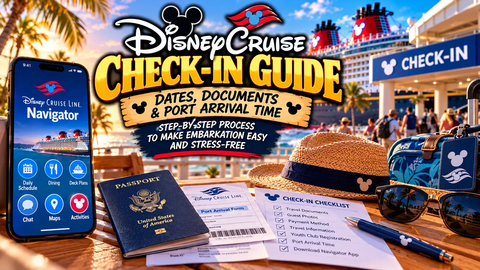 Illustrated Disney Cruise Check-In Guide cover showing travel documents and a Disney ship.
