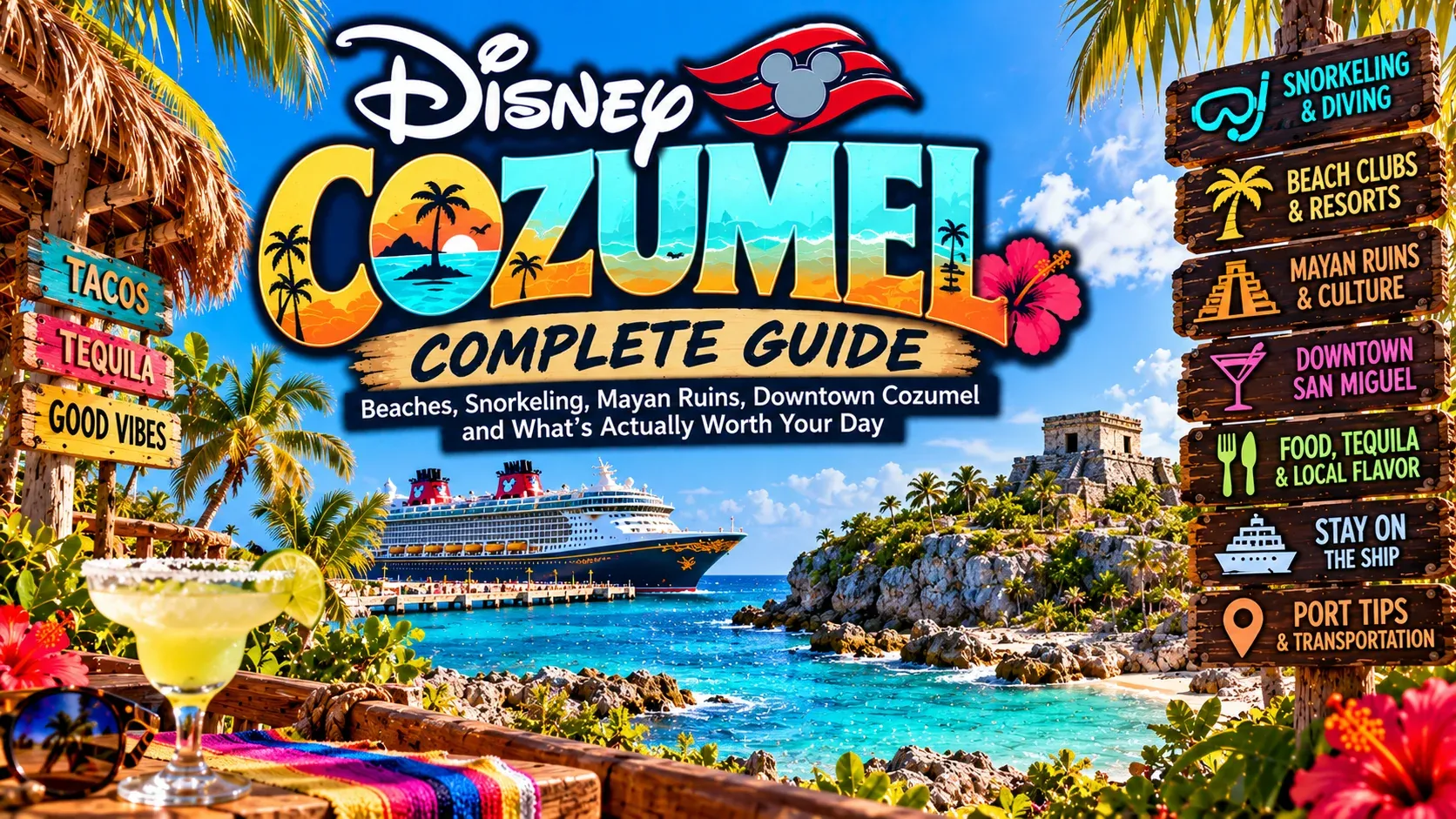 Illustrated Disney Cruise Cozumel Complete Guide cover showing a beach with a cocktail and signposts to reefs and ruins.