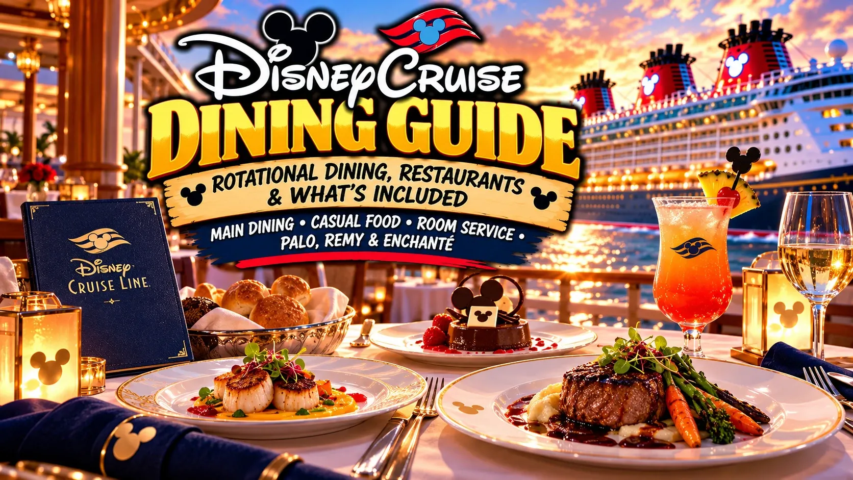 Illustrated Disney Cruise Dining Guide cover showing a plated steak, scallops and dessert at a table overlooking a Disney ship at sunset.