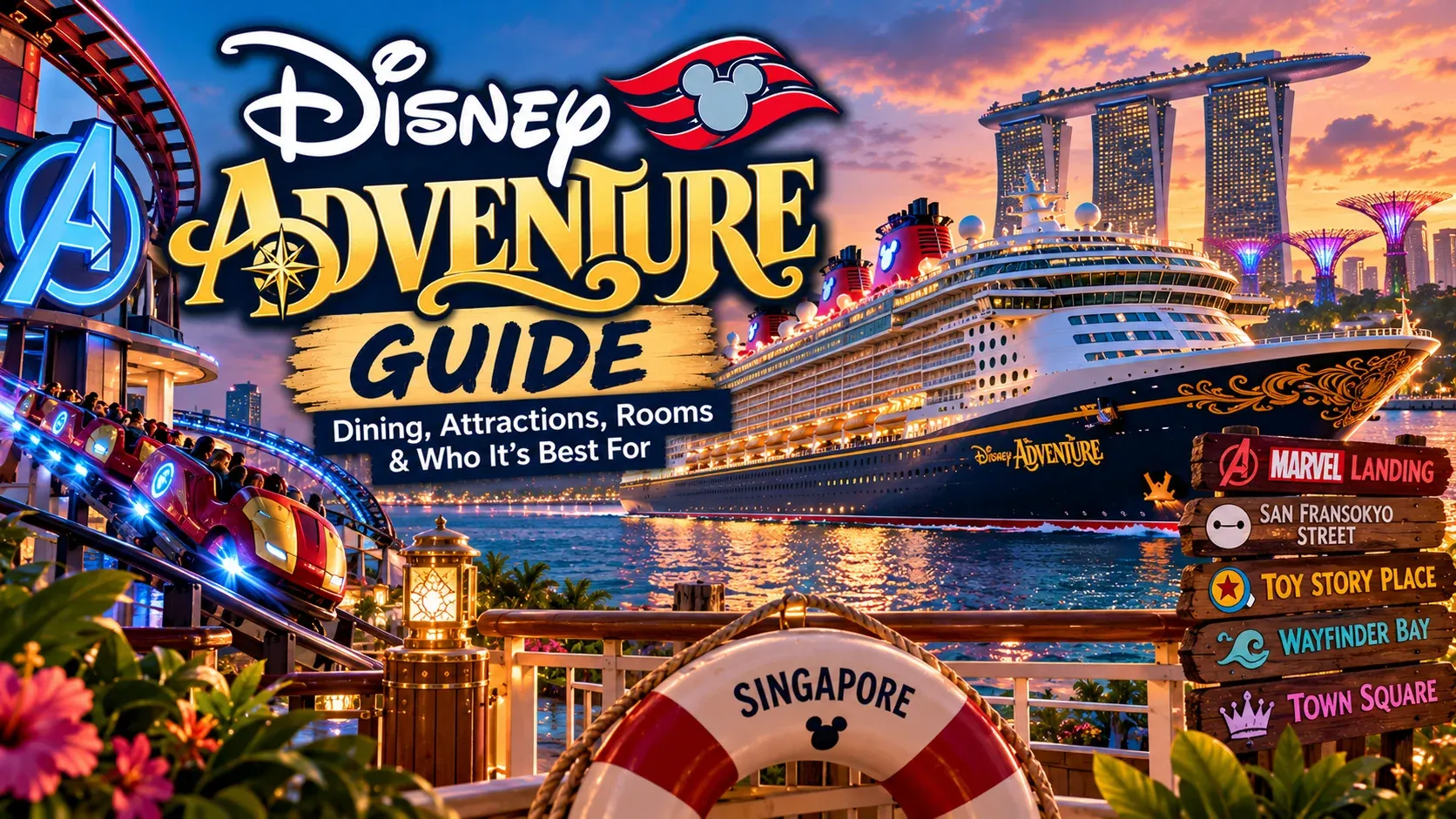 Illustrated Disney Adventure Guide cover showing the Disney Adventure with the Singapore skyline behind it.