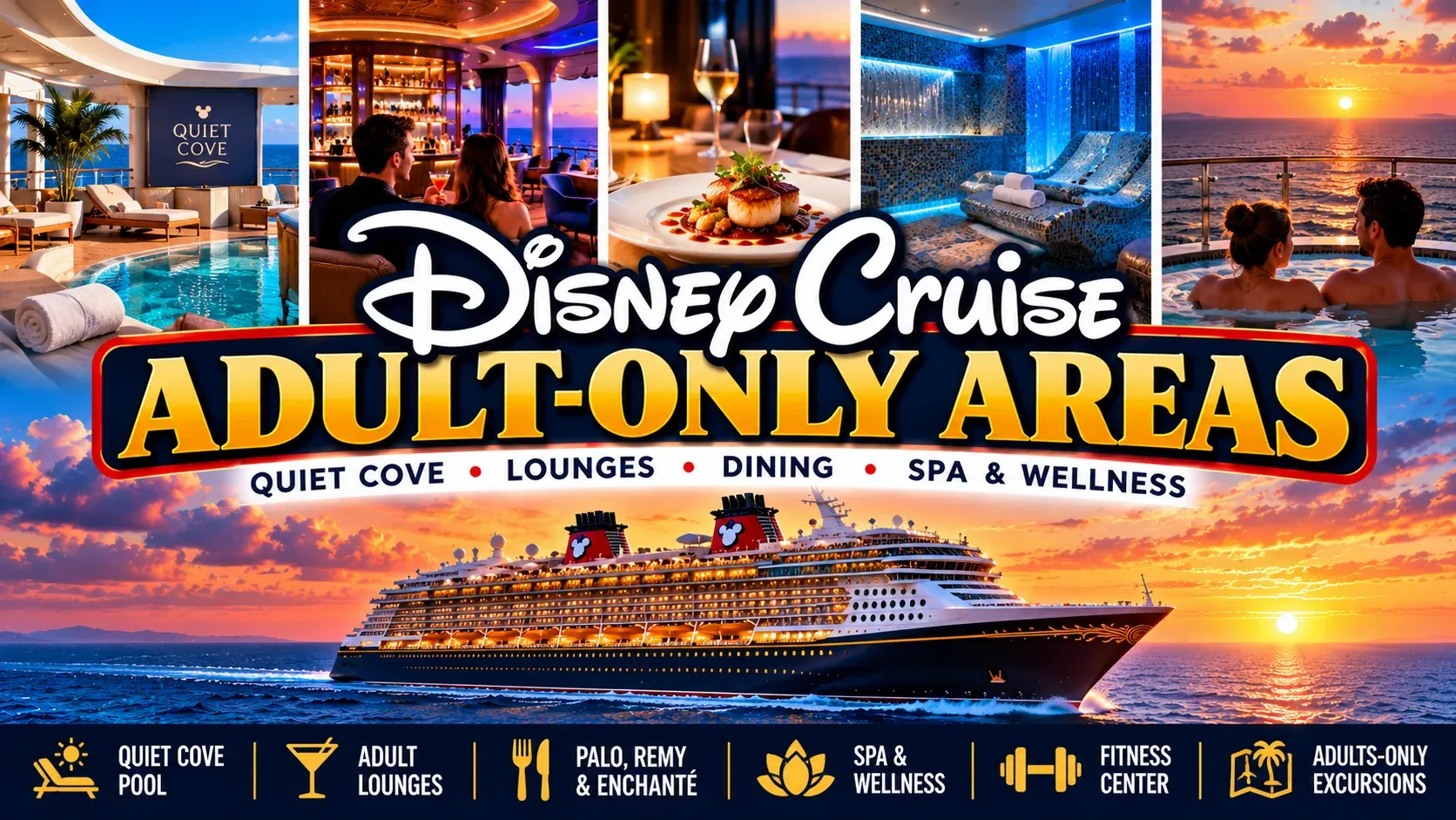 Disney Cruise adult-only areas guide featuring Quiet Cove Pool, lounges, premium dining, spa and wellness experiences