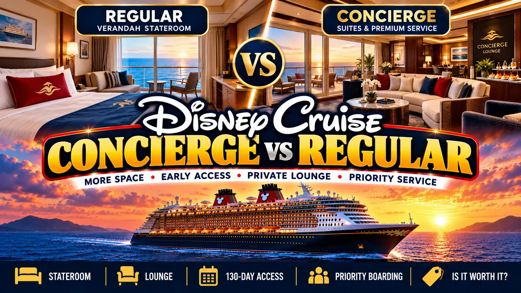 Disney Cruise Concierge vs regular stateroom comparison featuring suite space, private lounge, early access and priority service