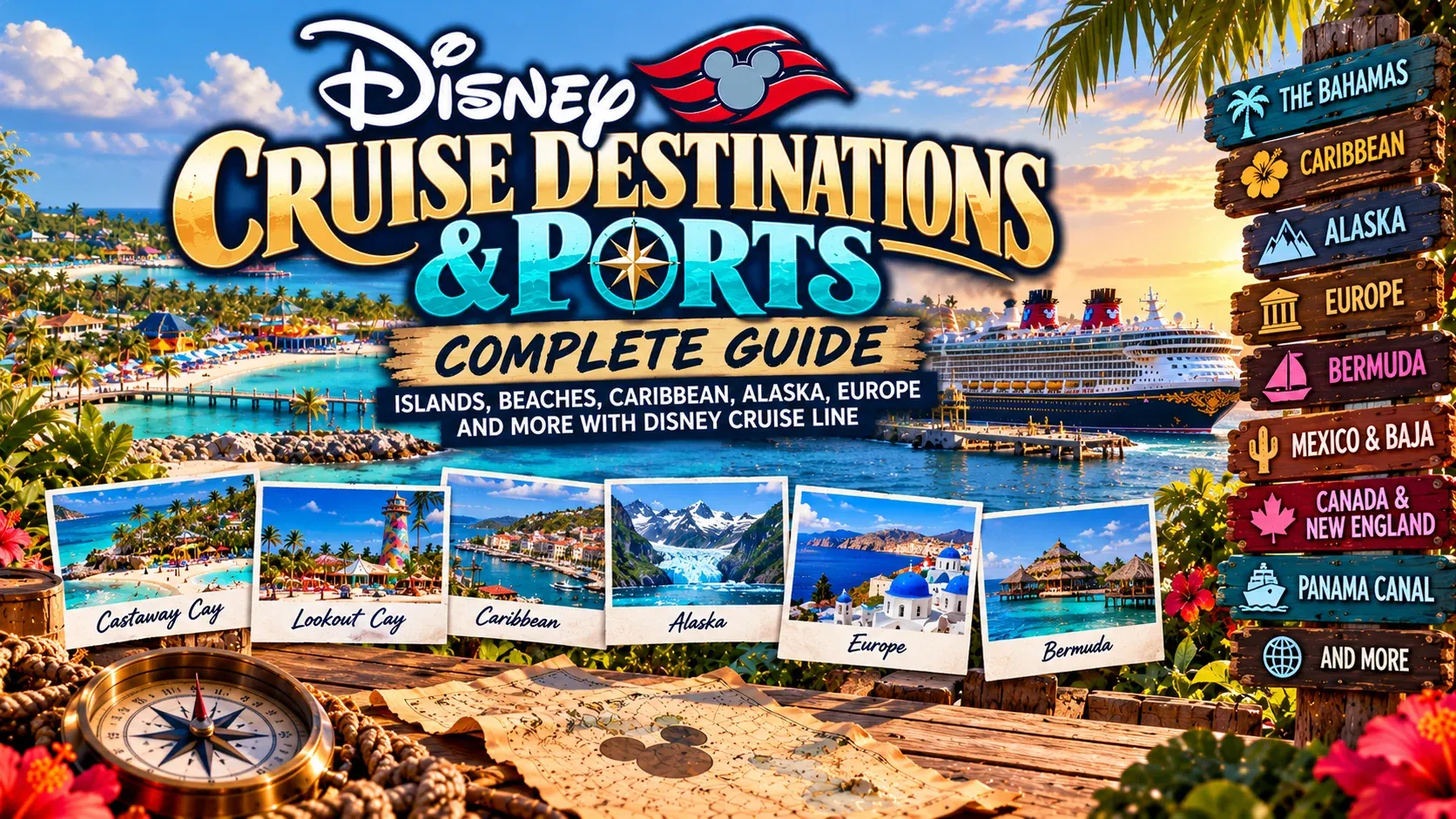 Illustrated Disney Cruise Destinations and Ports guide cover with postcards of island, Caribbean and Alaska ports.