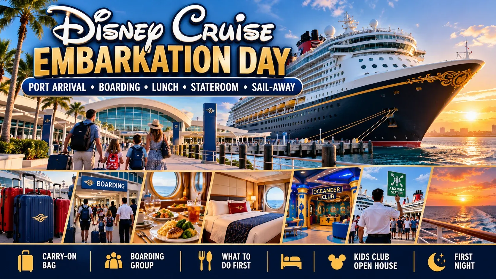 Disney Cruise embarkation day guide covering port arrival, boarding, lunch, staterooms, kids club open house, safety drill and sail-away
