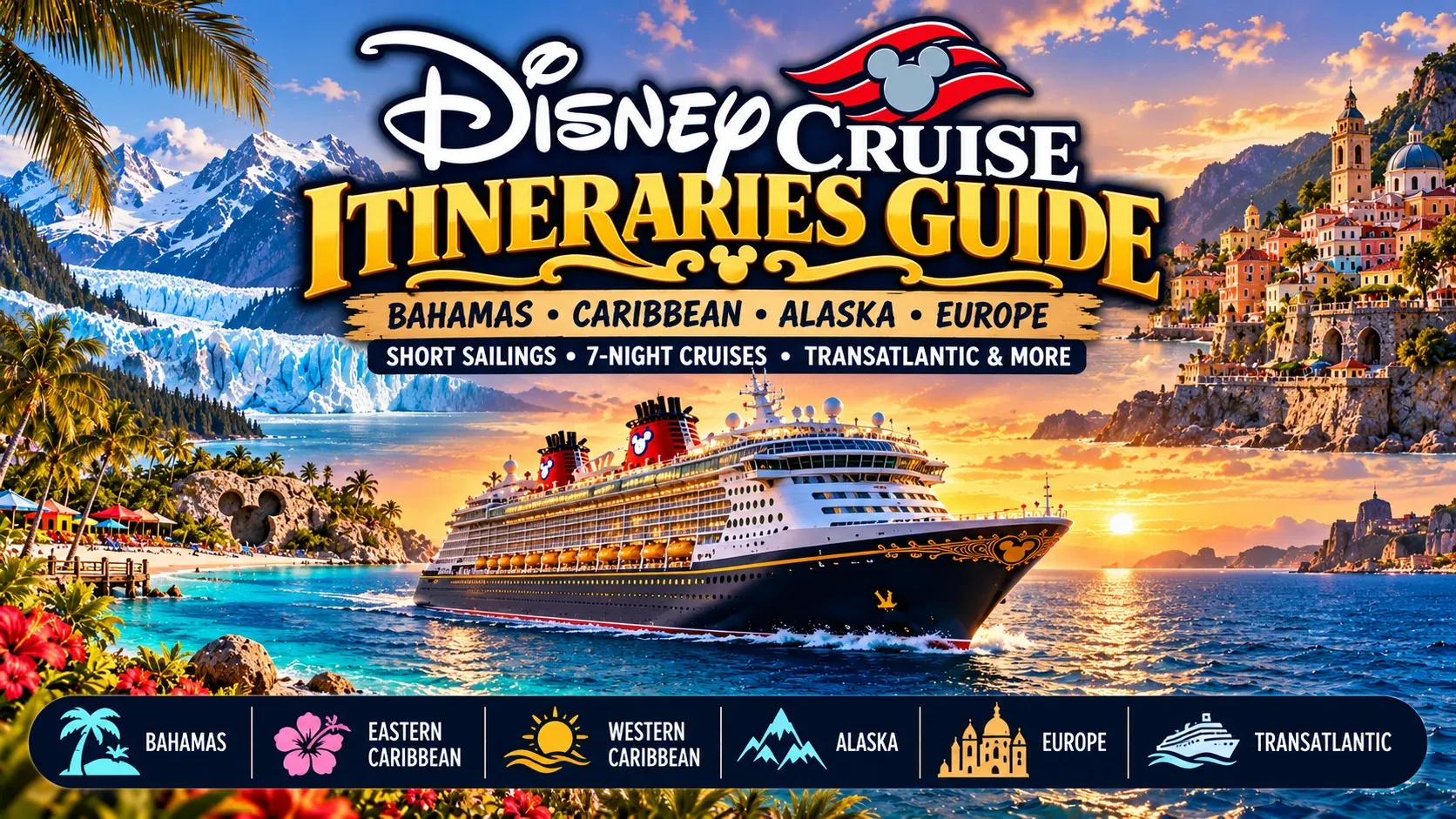 Illustrated Disney Cruise Itineraries Guide cover showing a Disney ship at sunset between Alaska glaciers, a tropical beach and a Mediterranean town, with icons for the Bahamas, Caribbean, Alaska, Europe and transatlantic sailings.