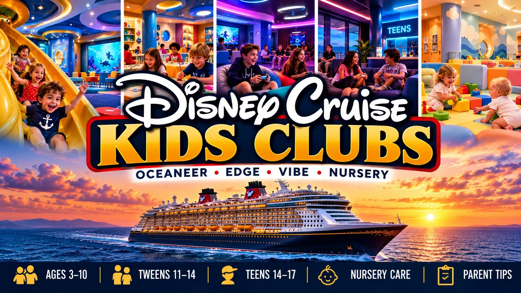 Disney Cruise kids clubs guide covering Oceaneer Club, Edge, Vibe, nursery care and current age ranges