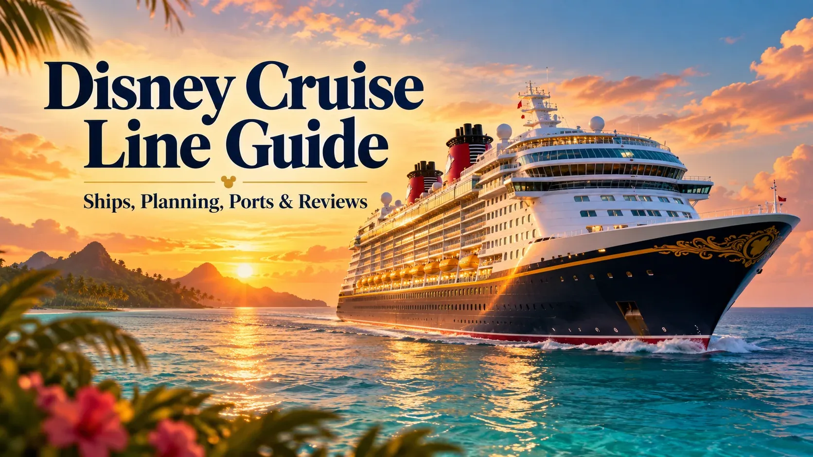 Illustrated Disney Cruise Line Guide cover showing a Disney ship sailing at sunset past a tropical shoreline.