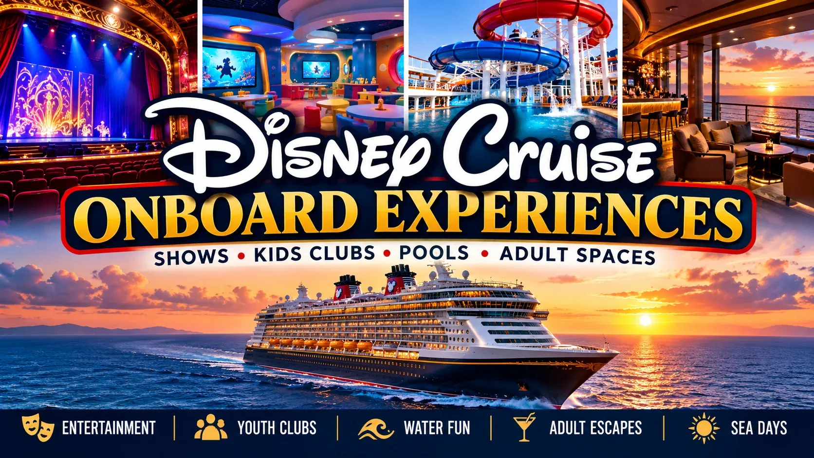 Disney Cruise onboard experiences guide featuring entertainment, youth clubs, pools, adult spaces and sea-day activities