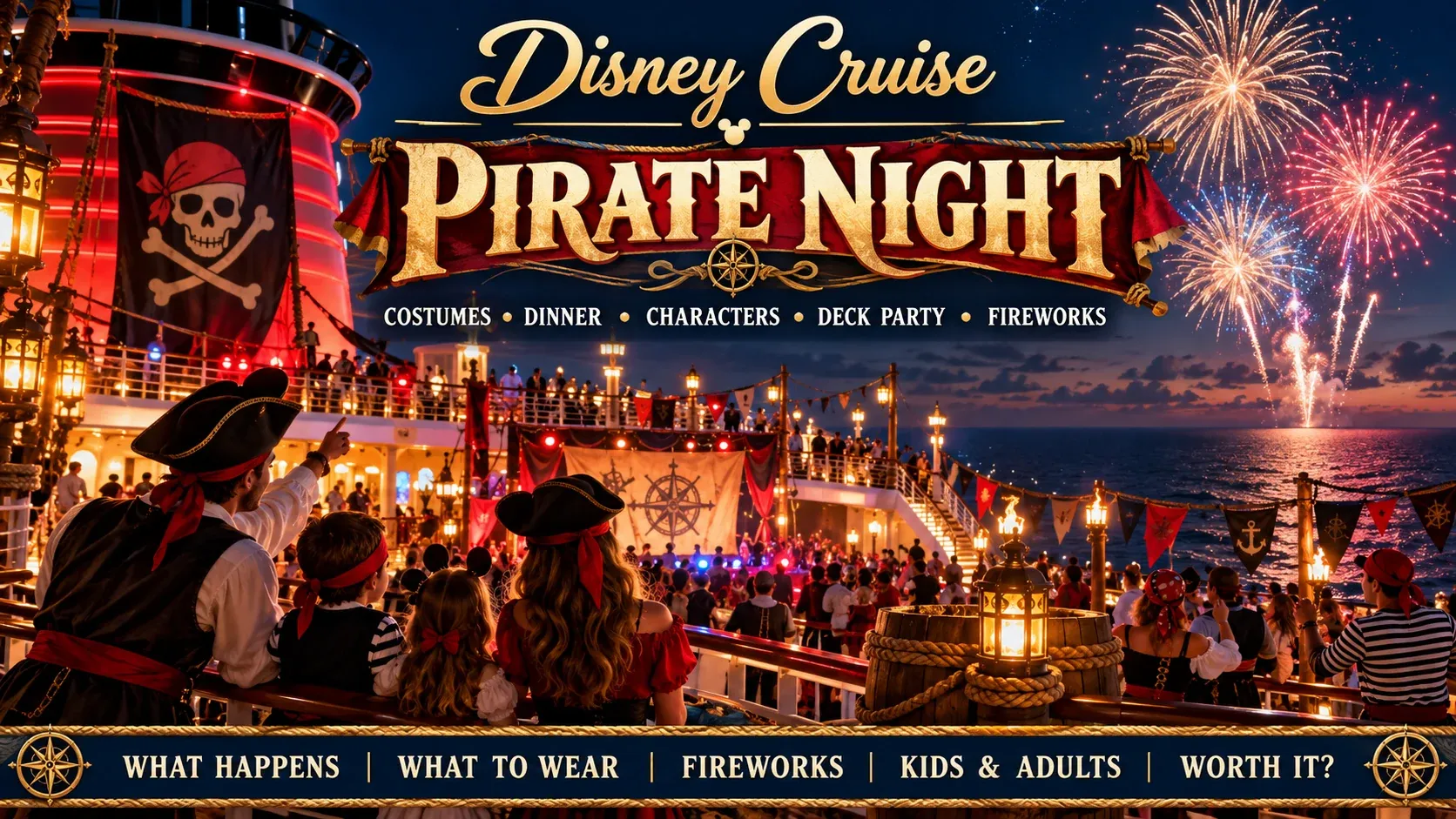 Disney Cruise Pirate Night guide featuring costumes, deck party, pirate-themed entertainment and fireworks at sea