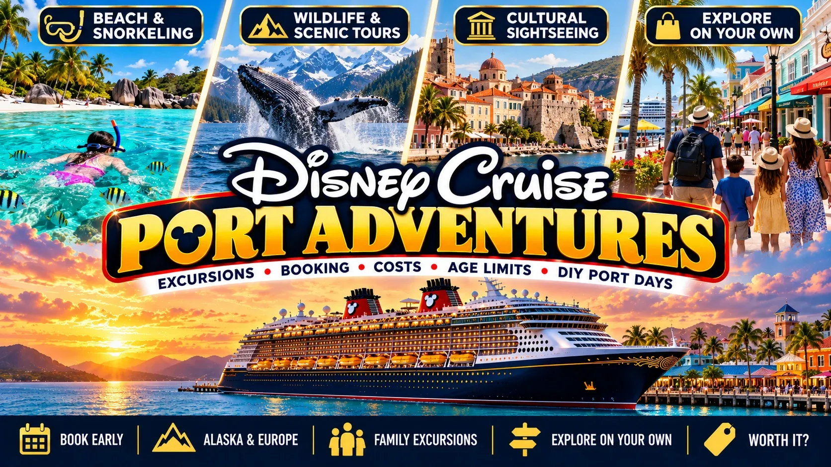 Disney Cruise Port Adventures guide featuring beach excursions, wildlife tours, cultural sightseeing and independent port-day options