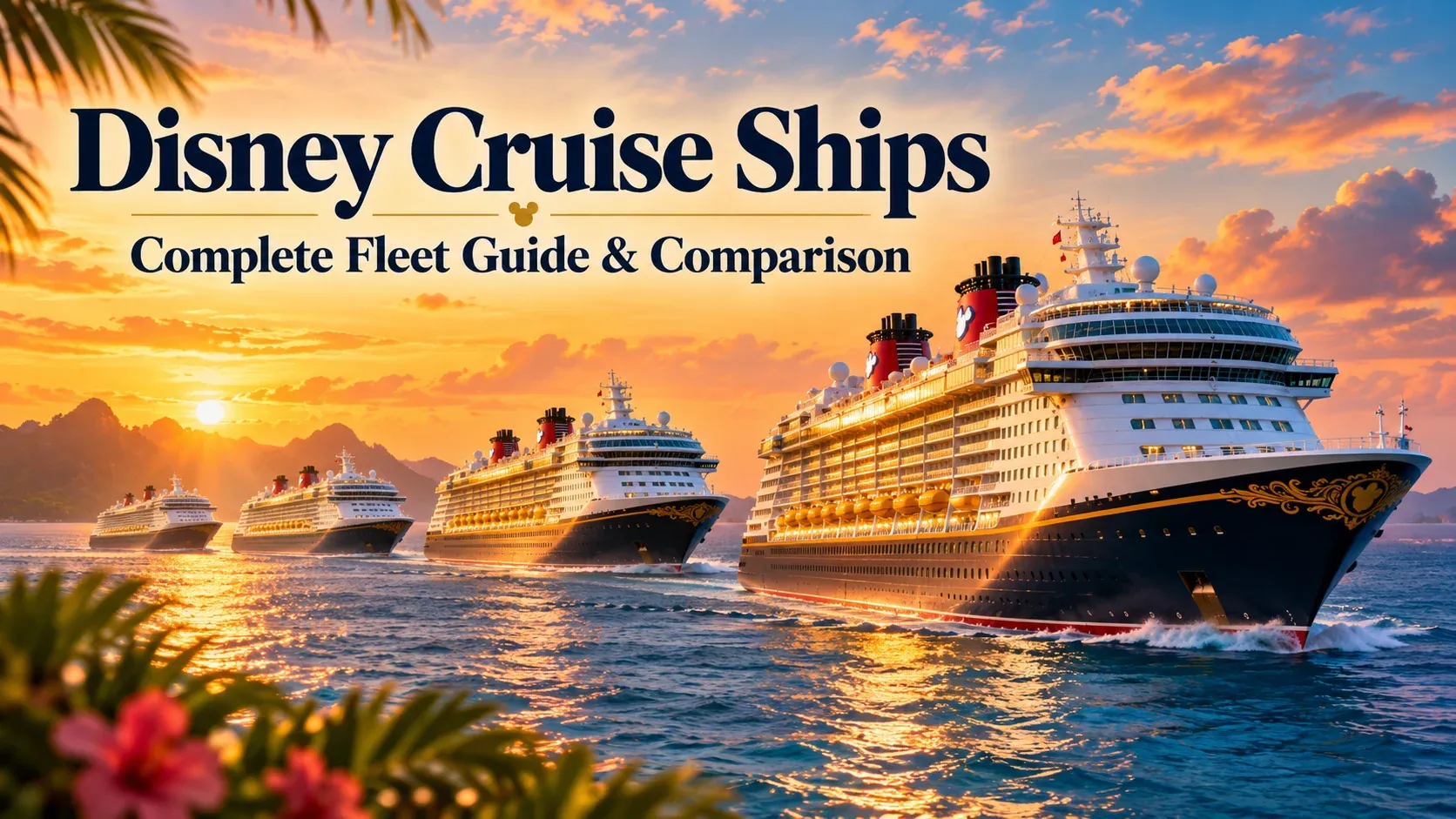 Illustrated Disney Cruise Ships fleet guide cover showing several Disney ships at sea at sunset.
