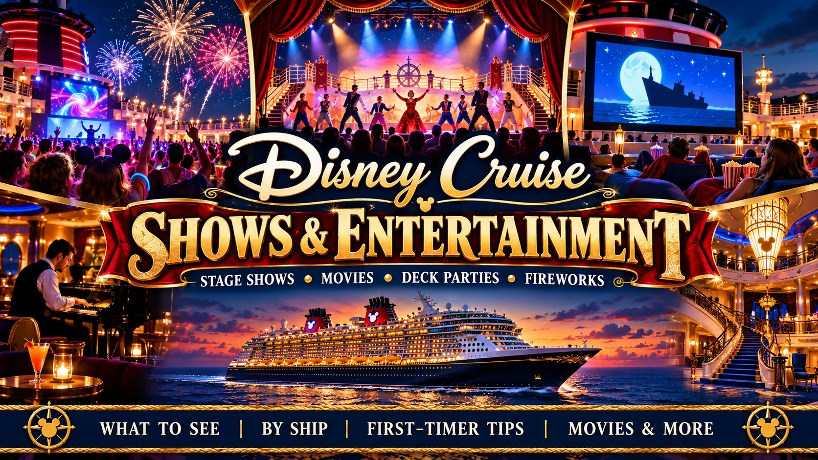 Disney Cruise shows and entertainment guide featuring Broadway-style stage shows, movies, deck parties and fireworks at sea