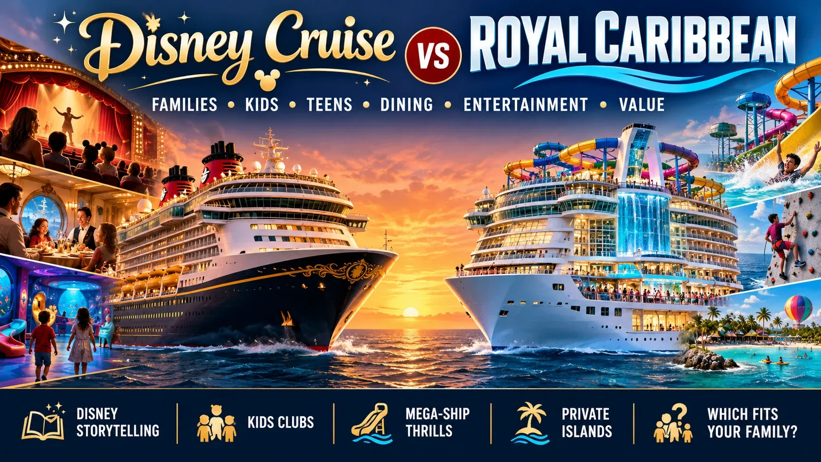 Disney Cruise vs Royal Caribbean comparison showing Disney family storytelling, kids clubs, Royal Caribbean mega-ship thrills, private islands and family vacation fit